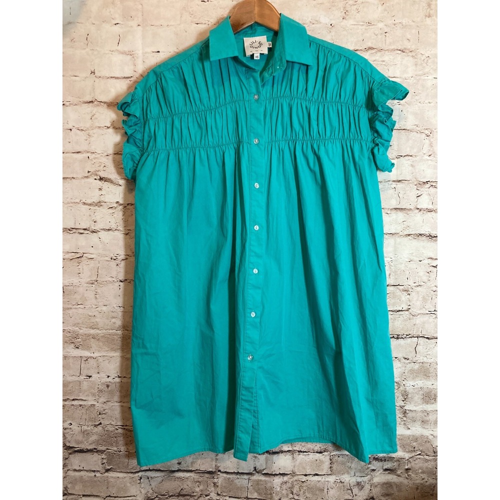 Lili Sidonio Shirt Dress Womens XS Turquoise Full Button Front Pleated Ruffles
